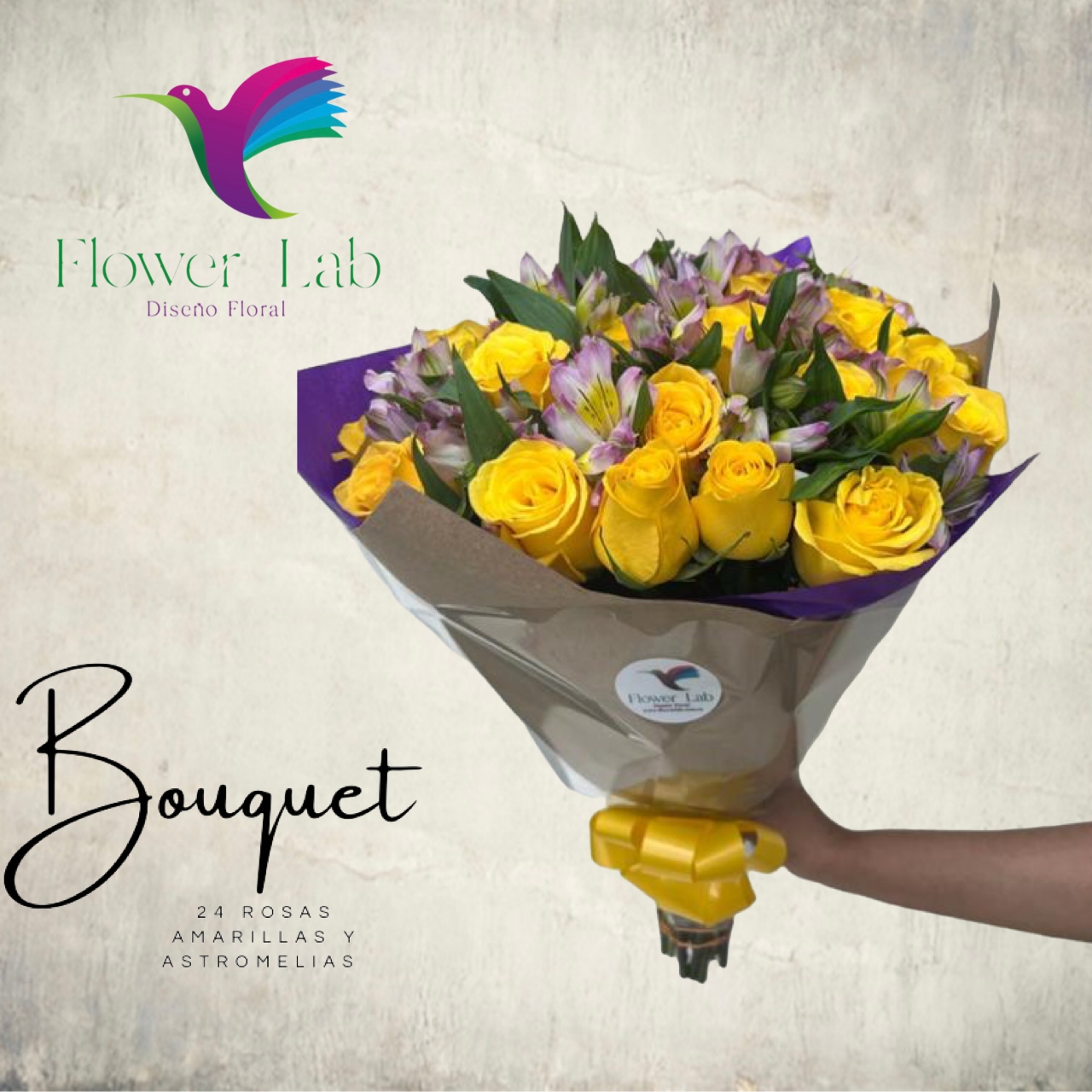 Bouquet 24 rosas amarillas y astromelias | Flower Lab